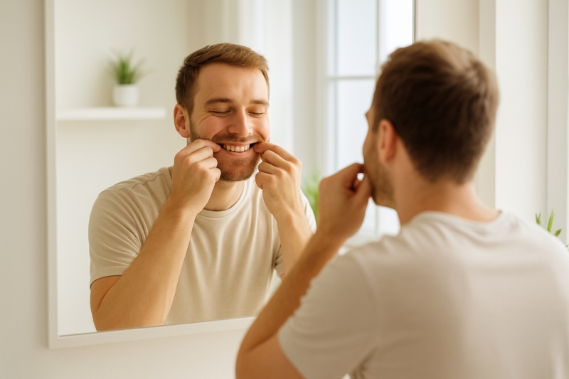 Man examining his smile in the mirror at home
